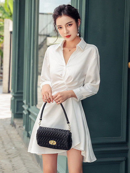 Elegantna ženska haljina s klasičnom kragnom i dugim rukavima