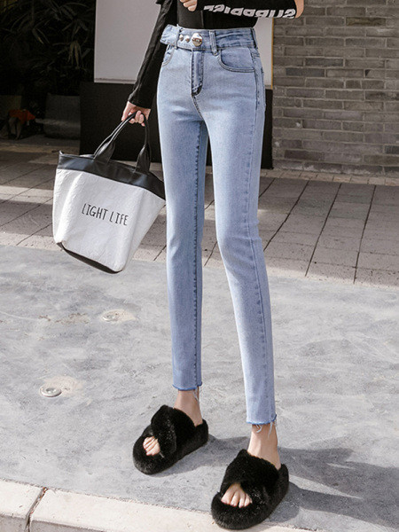 Női alkalmi farmer Vékony modell övvel és magas derékkal