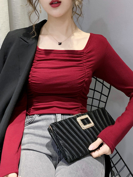 Női alkalmi blúz négyzet alakú nyakkivágással és hosszú ujjal