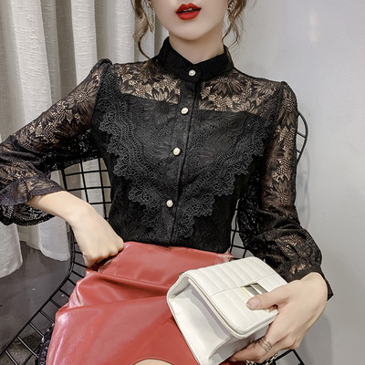 Stílusos női csipkeing hosszú ujjal és klasszikus gallérral