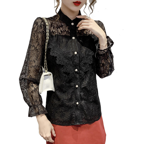 Stílusos női csipkeing hosszú ujjal és klasszikus gallérral