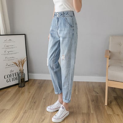 Laisvalaikio moteriškų džinsų tiesus modelis aukštu juosmeniu ir suplėšytais motyvais