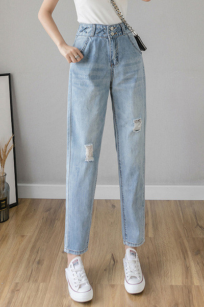 Laisvalaikio moteriškų džinsų tiesus modelis aukštu juosmeniu ir suplėšytais motyvais