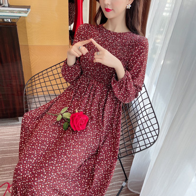 Rochie lungă casual de damă cu model floral și mâneci lungi