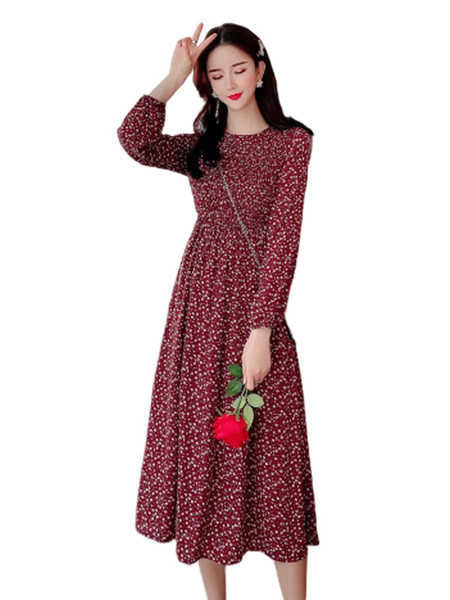 Rochie lungă casual de damă cu model floral și mâneci lungi