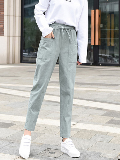 Ежедневни дамски панталони прав модел с връзки и джобове