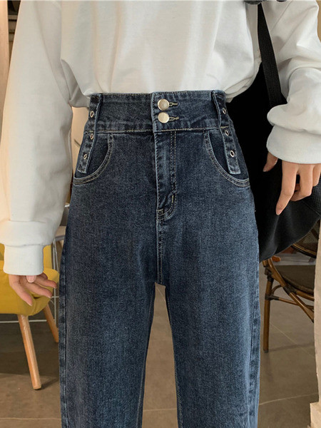 Blugi casual de dama model drept cu talie inalta si buzunare