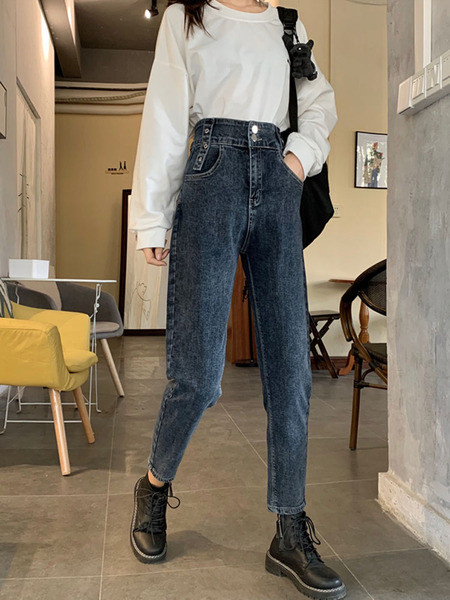 Blugi casual de dama model drept cu talie inalta si buzunare