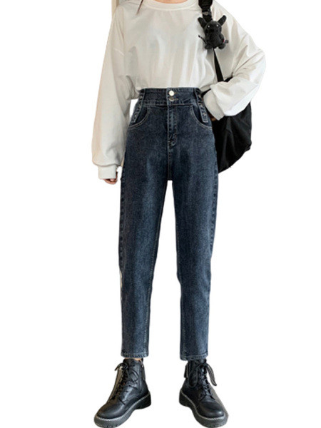 Blugi casual de dama model drept cu talie inalta si buzunare