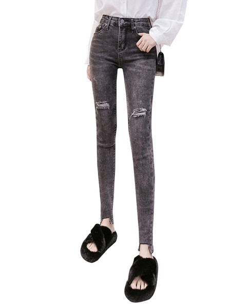 Moteriški dabartiniai džinsai su plėšytais motyvais Slim modelis