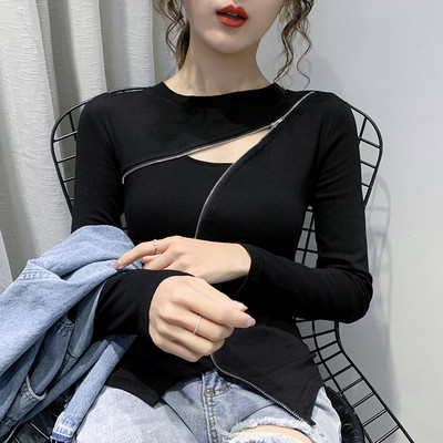 Šiuolaikinė moteriška palaidinė ilgomis rankovėmis ir užtrauktuku