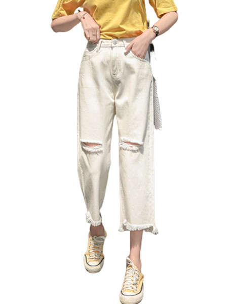 Sieviešu aktuālais džinsu 9/10 garuma plats modelis ar saplēstiem motīviem