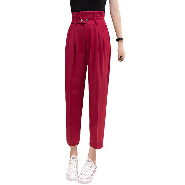 Дамски модерен панталон с висока талия прав модел 9/10 дължина