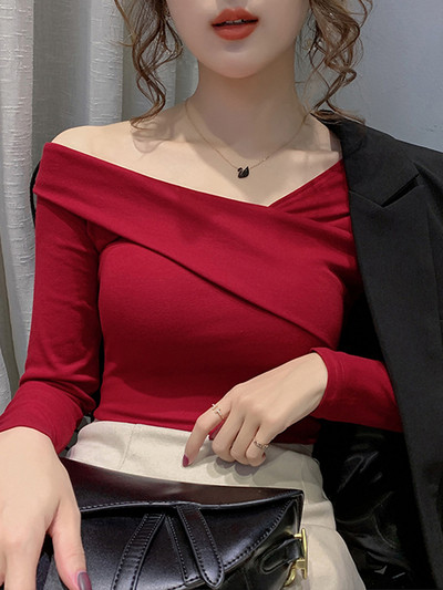 Дамска ежедневна блуза с голо рамо и дълги ръкави