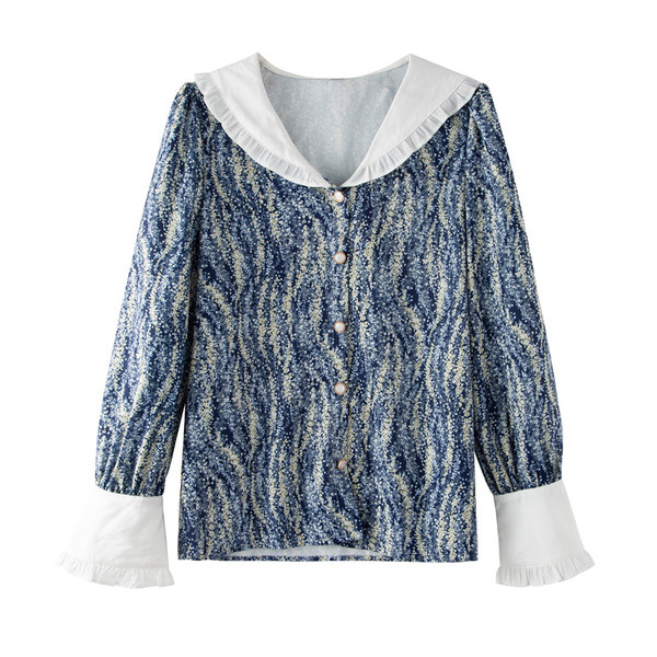 Moteriški aktualūs marškiniai su gėlių raštu ir ilgomis rankovėmis