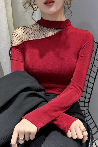 Bluză de damă modernă cu guler semi-înalt și plasă