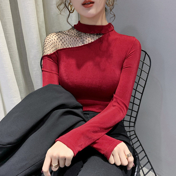 Bluză de damă modernă cu guler semi-înalt și plasă