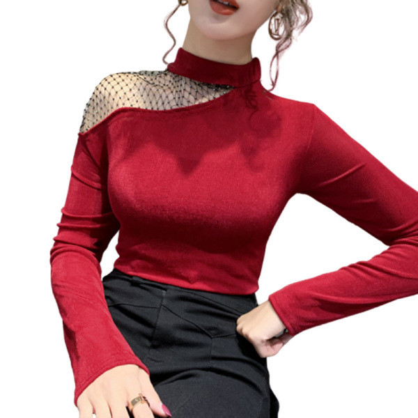 Bluză de damă modernă cu guler semi-înalt și plasă