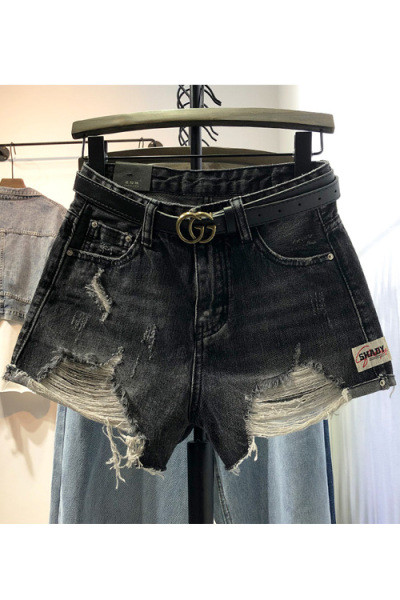 Moteriški džinsiniai šortai su plėšytais motyvais ir aukštu juosmeniu