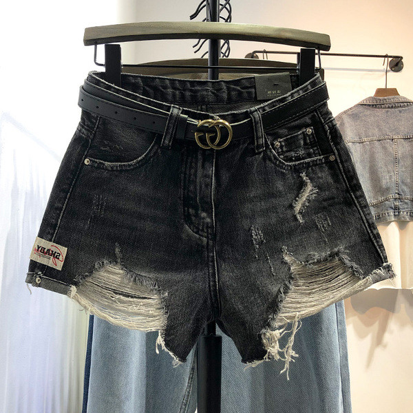 Moteriški džinsiniai šortai su plėšytais motyvais ir aukštu juosmeniu