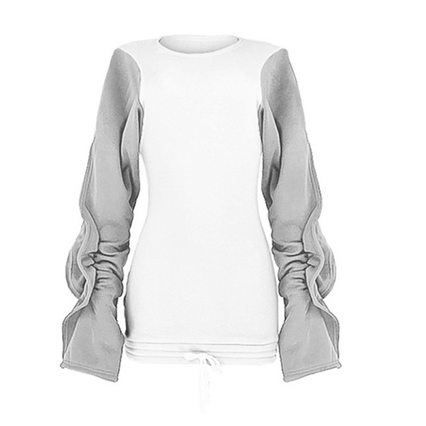 Модерна дамска  къса рокля с дълъг ръкав и овално деколте 