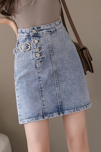 Sieviešu ikdienas džinsa īsi svārki ar augstu vidukli un pogām