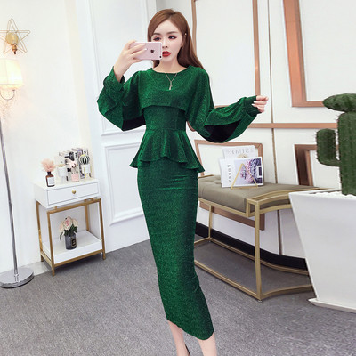 Moderni moteriška ilga suknelė ilgomis rankovėmis