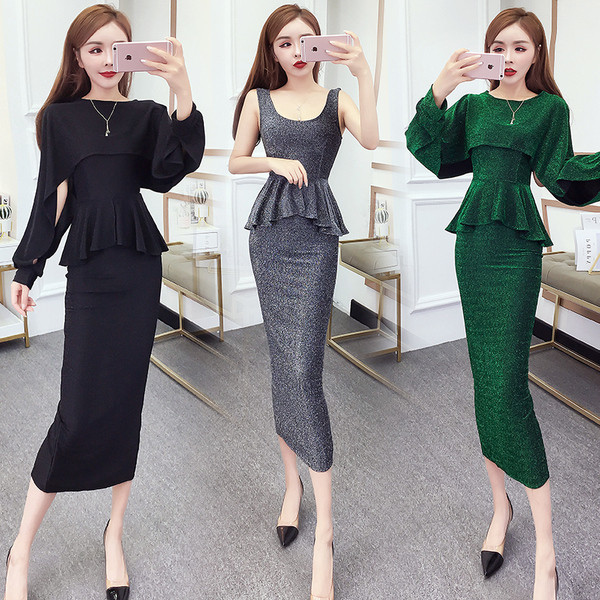 Moderni moteriška ilga suknelė ilgomis rankovėmis