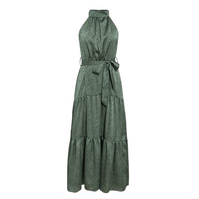 Модерна дамска дълга рокля с голи рамене и колан в зелен цвят