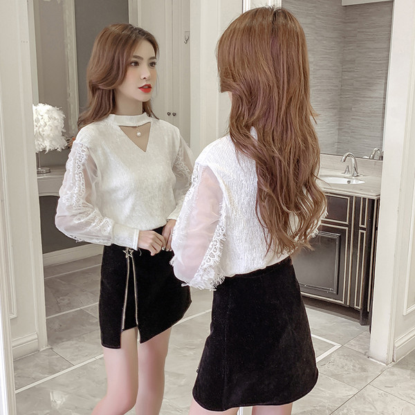 Moodne naiste pluus ovaalse kaelusega, tülli ja pärlmuttervarrukatega