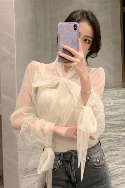 Camasa de dama model nou cu pietre si panglica din tul