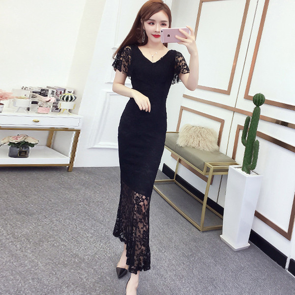 Naiste pikk pitsi ja lühikeste varrukatega kleit