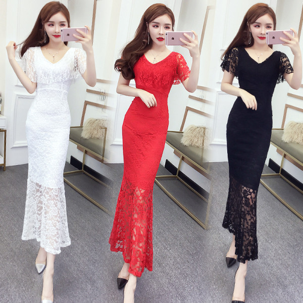 Naiste pikk pitsi ja lühikeste varrukatega kleit