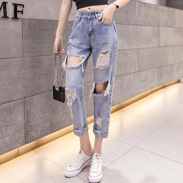 Дамски ежедневни дънки с разкъсан десен и висока талия