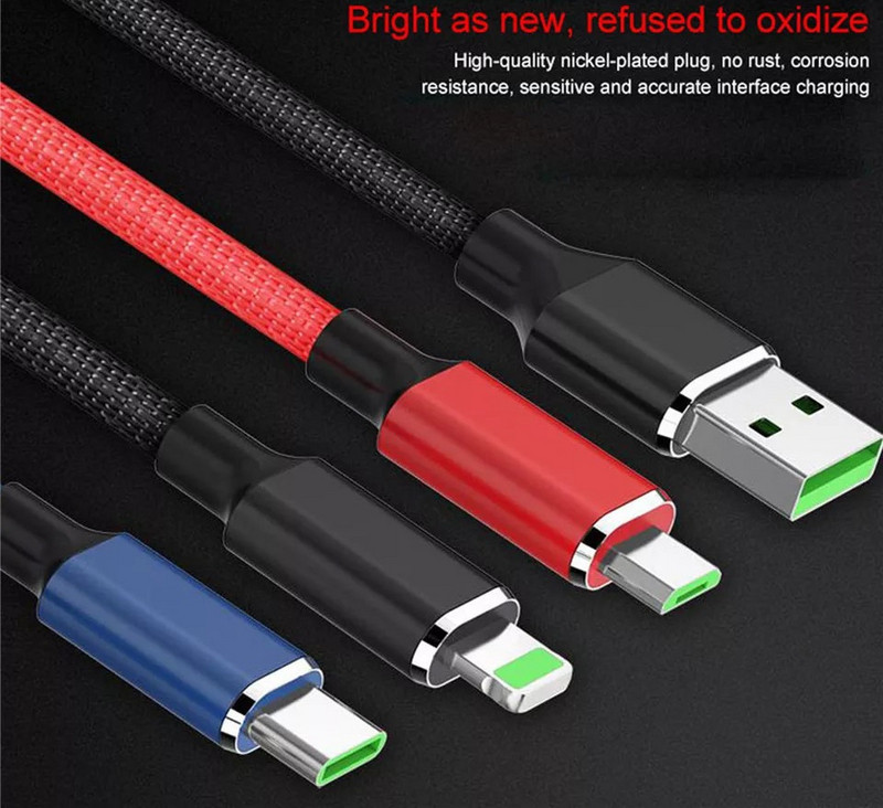 Multifunktsionaalne tekstiilkaabel Androidi ja IOS-i laadimiseks ja sünkroonimiseks - TYPE-C, mikro-USB, valgustus