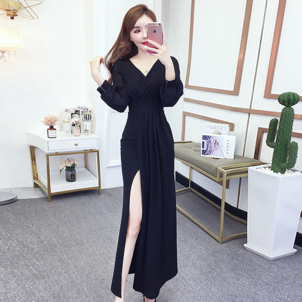 Új modell női ruha V-nyakkal és hasítékkal