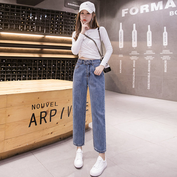 Blugi lungi casual de dama cu talie inalta si buzunar