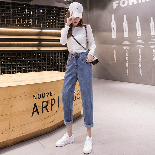 Blugi lungi casual de dama cu talie inalta si buzunar