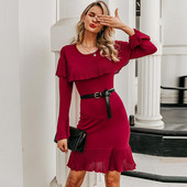 Vabaaja naiste lühike punaste ovaalse kaelusega kleit ja pikkade varrukatega