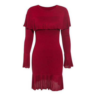 Vabaaja naiste lühike punaste ovaalse kaelusega kleit ja pikkade varrukatega