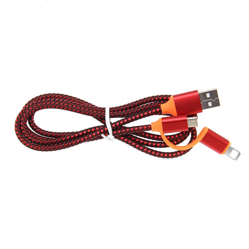 Бързозареждащ текстилен data кабел Micro USB + Type L в червен цвят