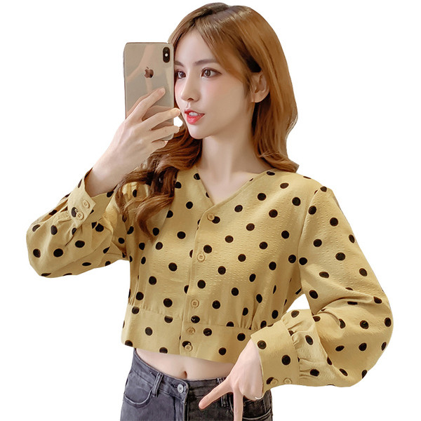 Modern rövid női pöttyös ing szalaggal