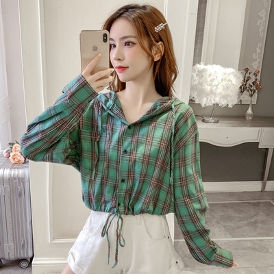 Дамска ежедневна карирана риза с качулка и връзки 