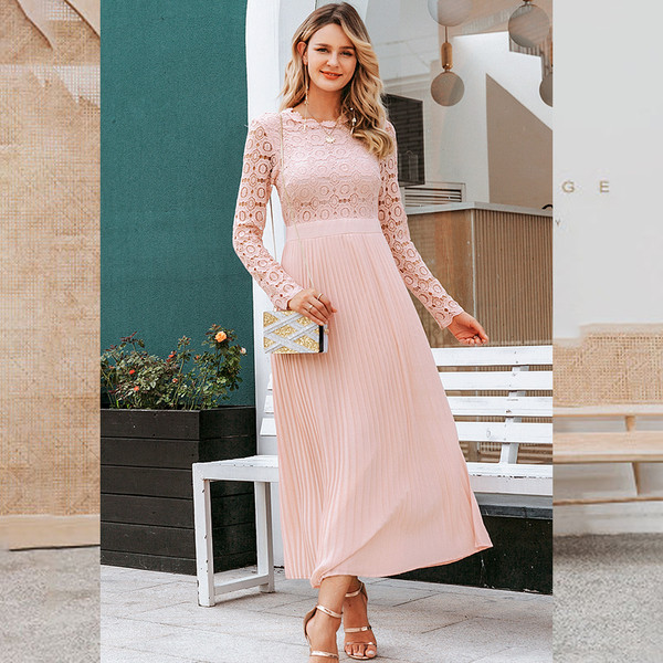 ÚJ modell női hosszú ruha ovális nyakkivágással és hosszú ujjú csipkével