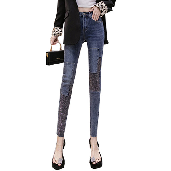 Blugi lungi casual de dama cu pietre si talie inalta