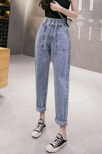 Sieviešu ikdienas garie džinsi ar kabatām - taisns modelis