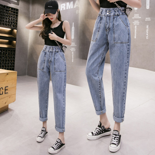 Sieviešu ikdienas garie džinsi ar kabatām - taisns modelis