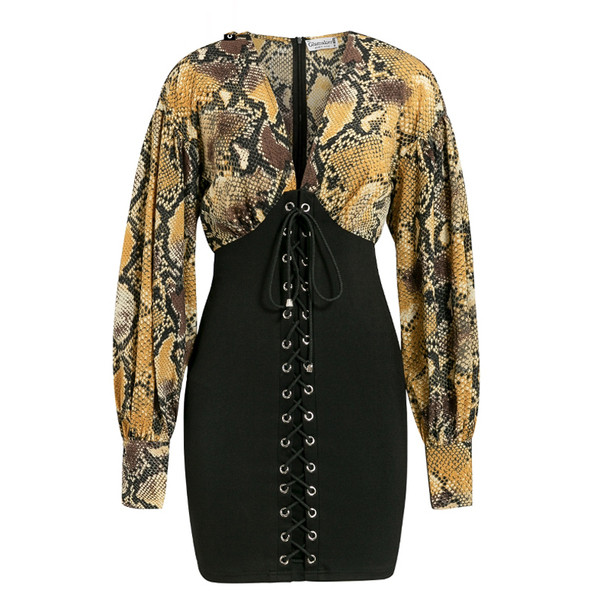 Rochie scurtă de damă elegantă cu model animal și mâneci lungi