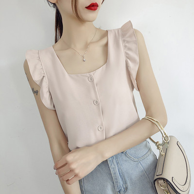 Moteriška šifoninė palaidinė su garbanomis ir kvadratine iškirpte