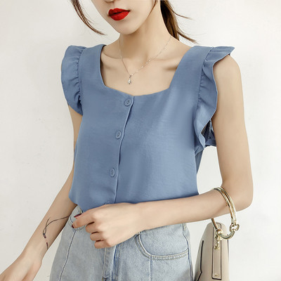 Moteriška šifoninė palaidinė su garbanomis ir kvadratine iškirpte